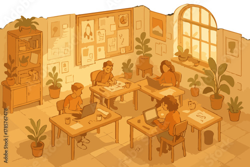 Cozy office with young adults working on laptops in warm vintage setting