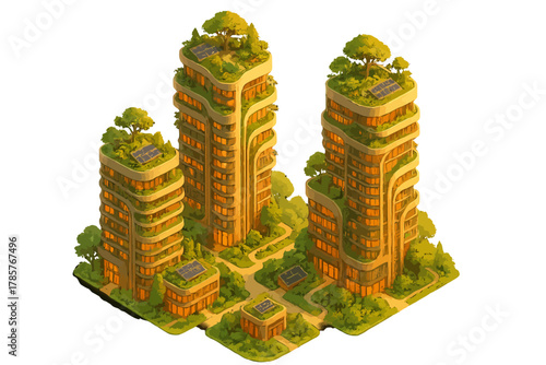 Eco-friendly green rooftop high-rise buildings with solar panels and vegetation