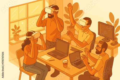 Team collaboration in virtual reality with young diverse group using vr headsets