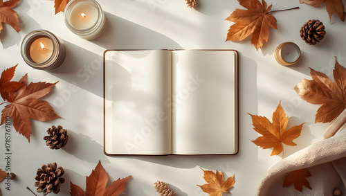 Autumn's Blank Canvas: An open notebook is surrounded by autumnal elements, capturing the essence of fall's cozy atmosphere and inviting creativity.