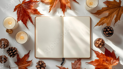 Autumn's Embrace: A top-down view of open notebook amidst autumnal elements, symbolizing inspiration, and introspection.