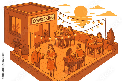 Rooftop coworking space with diverse adult groups relaxing at sunset