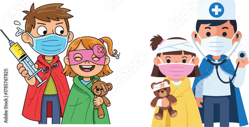 Cute children wearing doctor masks and costumes, playing hospital with teddy bears, kids pretending to be doctors and nurses, medical fun