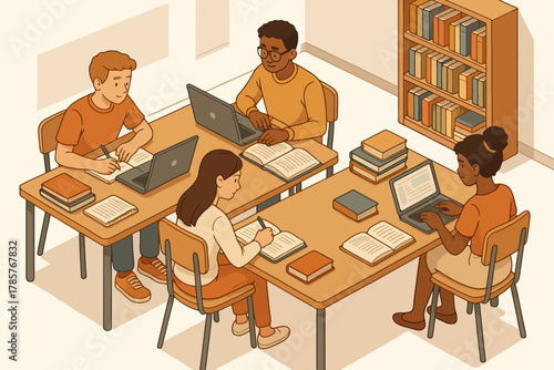 Diverse students collaborating on laptops in library setting