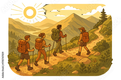 Group of young hikers trekking through mountainous landscape at sunset