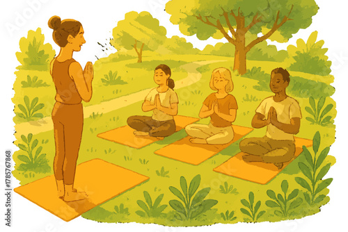 Female instructor leading multiracial young adults in outdoor yoga class in park