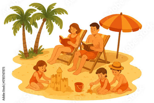 Family enjoying beach day with sandcastle building and reading under sun umbrella