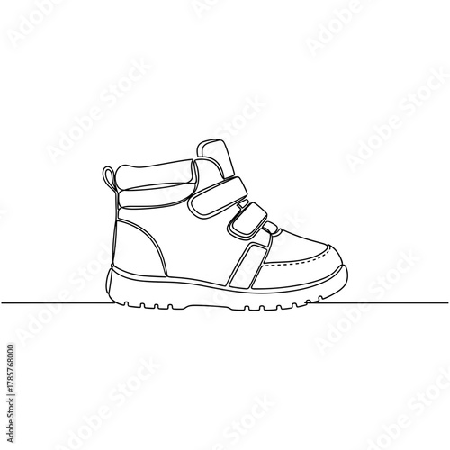 Winter boot with velcro straps in one-line minimal drawing style