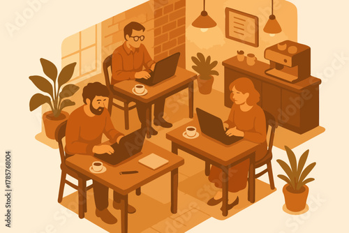 Young caucasian adults working on laptops in cozy coffee shop setting