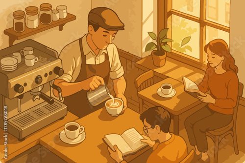 Cozy café scene with barista serving coffee to relaxed customers reading