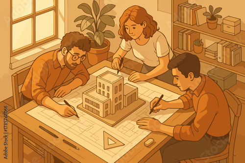 Diverse group of young adults collaborating on architectural design project