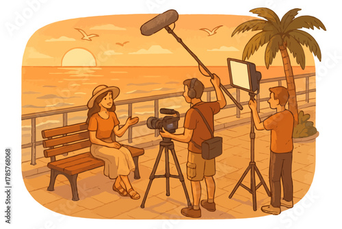 Female interview at sunset beach with crew and equipment