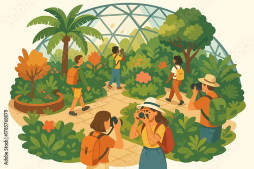 Tourists exploring lush botanical garden with cameras and backpacks