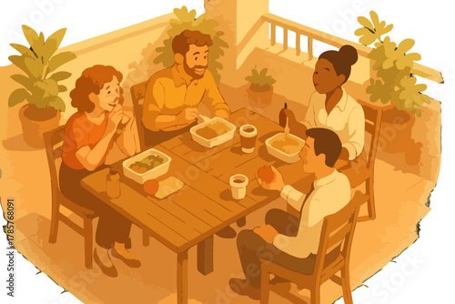 Diverse group of adults enjoying a meal together at an outdoor table