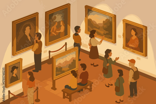 Art gallery with diverse visitors observing classic paintings