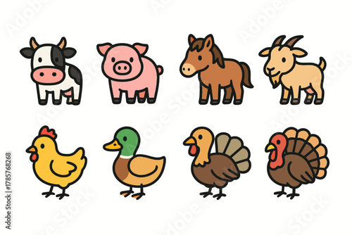 Colorful cartoon farm animals: cow, pig, horse, goat, chicken, duck, turkey