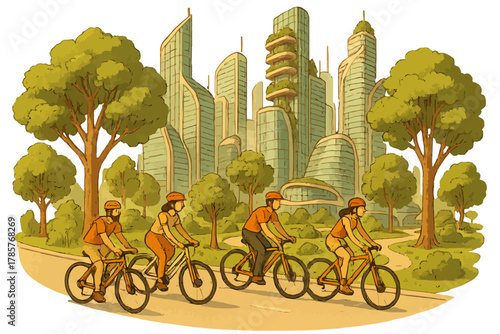 Cyclists enjoying a green urban landscape with futuristic eco-friendly architecture