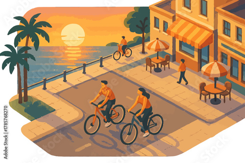 Young adults biking by the beach at sunset on a coastal walkway