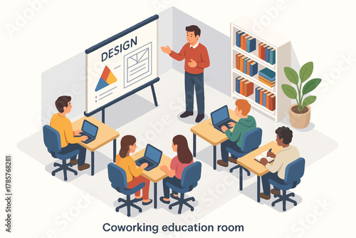 Diverse group attending design presentation in modern coworking space