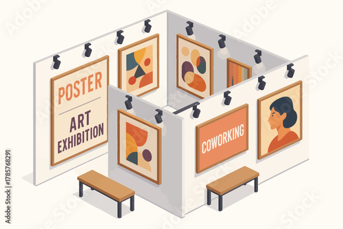 Modern art exhibition display with abstract posters and coworking space design