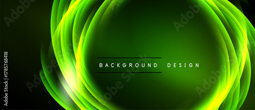 Abstract green design features layered glowing shapes. Text reads background design centered within oval form. Dark background enhances luminosity.