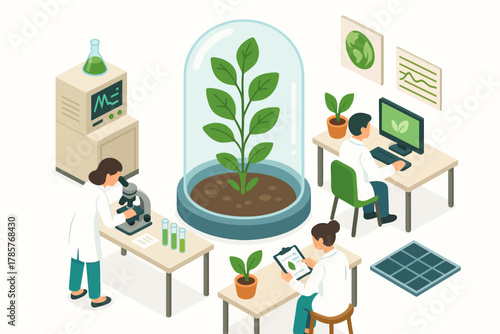 Scientists analyzing plant growth in laboratory setting with advanced equipment