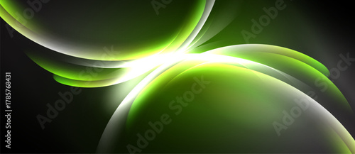 Abstract design features flowing green shapes, bright light burst. Smooth curves create dynamic visual impact, dark background enhances contrast.