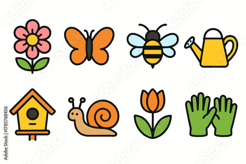 Colorful garden icons: flower, butterfly, bee, watering can, birdhouse, snail, tulip, gloves