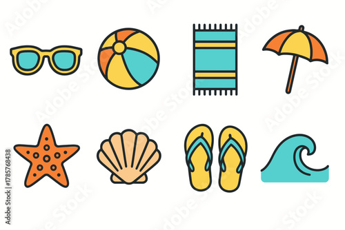 Colorful summer beach icons collection: sunglasses, ball, towel, umbrella, starfish, shell, sandals, wave