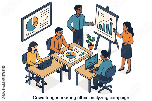 Diverse adult office team analyzing marketing data in coworking space