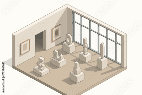Contemporary art gallery with geometric sculptures and natural lighting