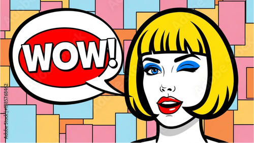 Vibrant pop art comic illustration of a beautiful winking blonde woman with a wow expression