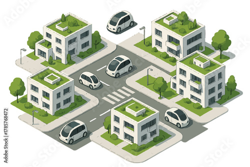 Futuristic eco-friendly urban design with autonomous electric cars in neighborhood
