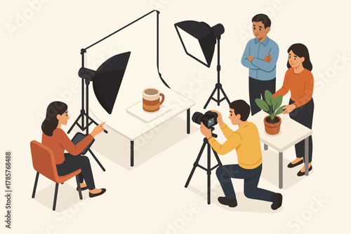 Diverse team in product photoshoot with camera and lighting equipment