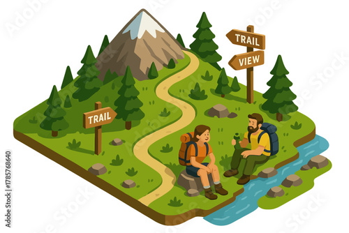 Two adults hiking on mountain trail with backpacks and trail signs