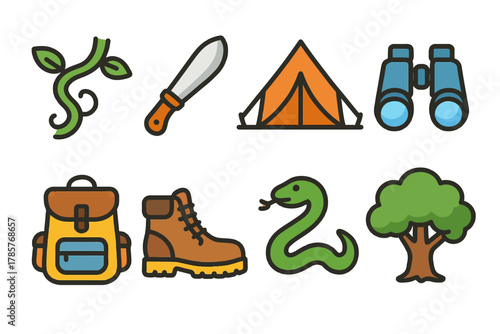 Camping icons: tent, backpack, boots, binoculars, knife, tree, snake, vine