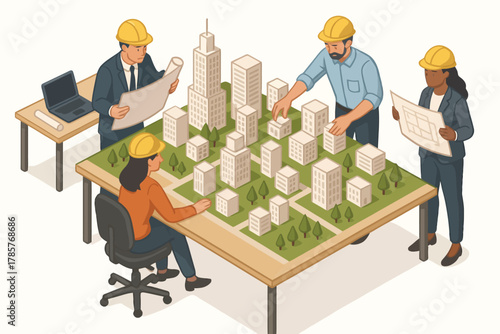 Diverse team of engineers planning urban development with model buildings