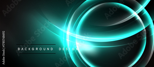 Dark background features bright turquoise lines, curves, circles. Modern design element, abstract visual presentation.