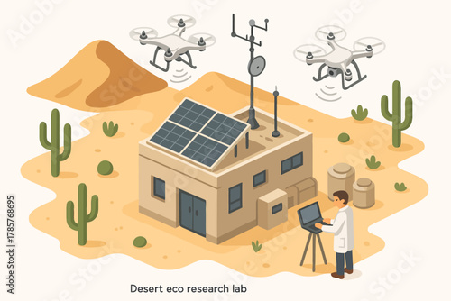 Male scientist in desert eco lab with drones and solar panels
