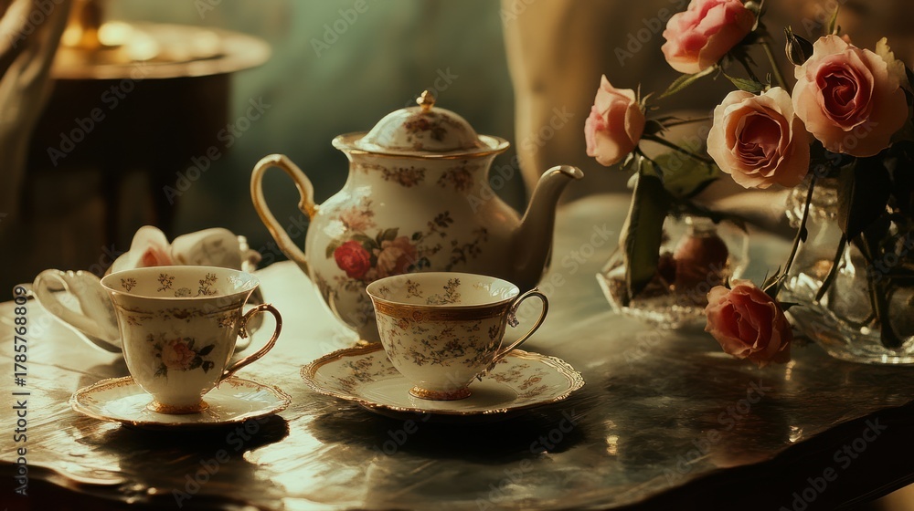 Fototapeta premium Elegant Afternoon Tea Still Life with Roses and Floral Porcelain Service