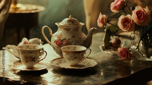 Wallpaper Mural Elegant Afternoon Tea Still Life with Roses and Floral Porcelain Service Torontodigital.ca