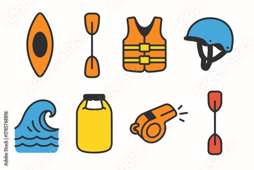 Kayaking gear icons: helmet, life jacket, paddle, waves, dry bag, whistle