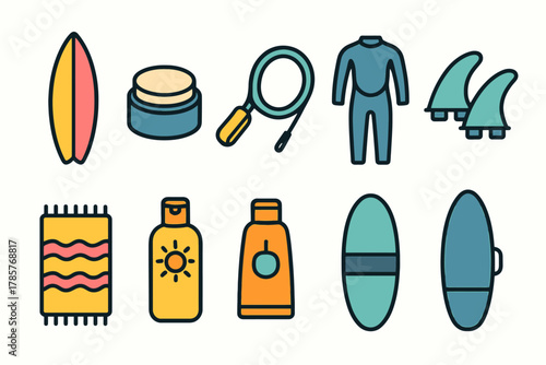 Colorful surfing gear icons showcasing essential beach equipment