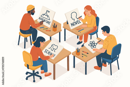 Diverse group of young adults engaged in creative art projects at desks