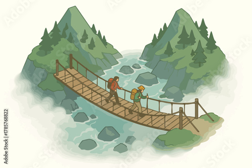 Two hikers crossing a wooden suspension bridge over a river surrounded by mountains