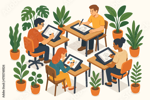 Diverse group of young adults engaging in digital art drawing class