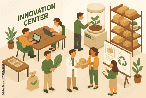 Sustainable innovation center team collaborating on eco-friendly projects