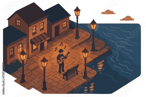 Evening serenade: guitarist playing near waterfront in cozy lamp-lit town