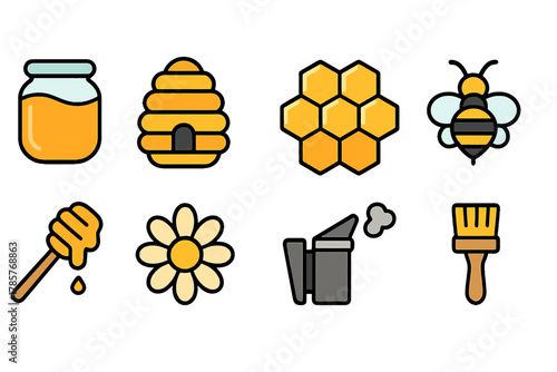 Set of honey icons: jar, beehive, honeycomb, bee, dipstick, flower, smoker, brush