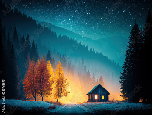 cabin in the snow at night